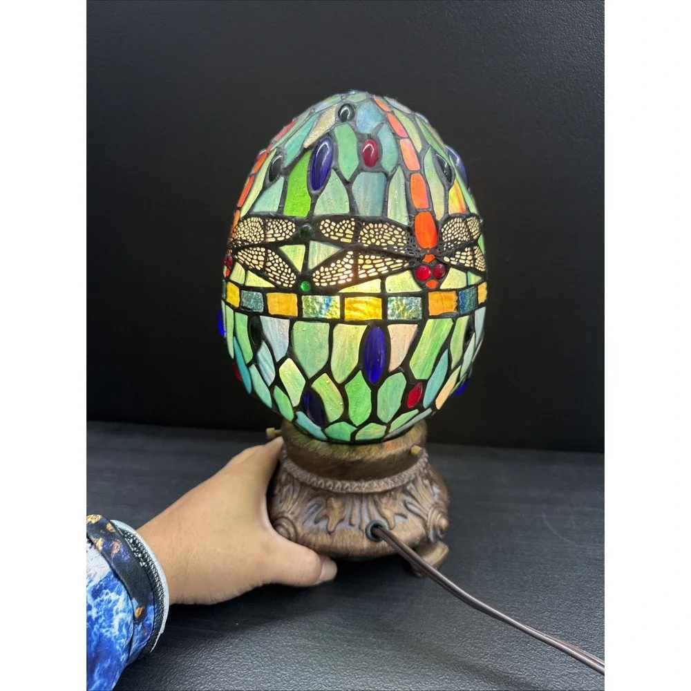 Dale Tiffany Dragonfly Motif Egg Shaped Stained Glass Accent Lamp